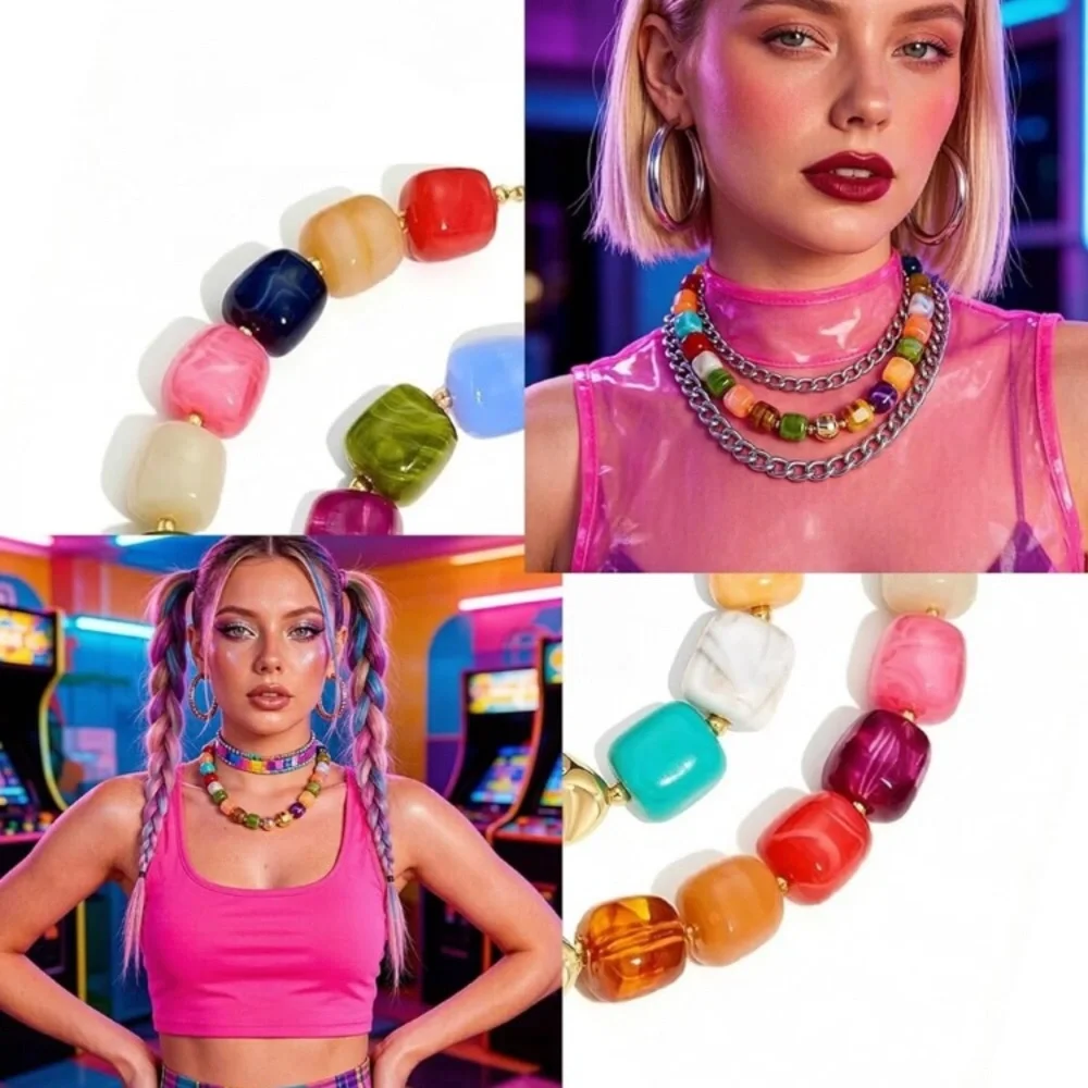 Colorful Bohemian Bead Marbled Necklace and Bracelet Set - Green Orange Blue new